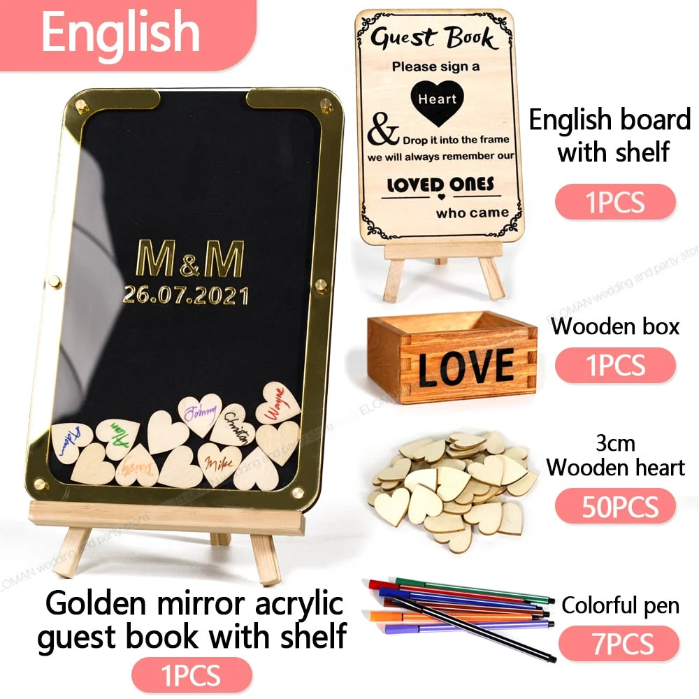 Custom signature Wedding Guest Book Acrylic Wooden Heart Wedding Decoration Alternative For Drop Box Favor Gift