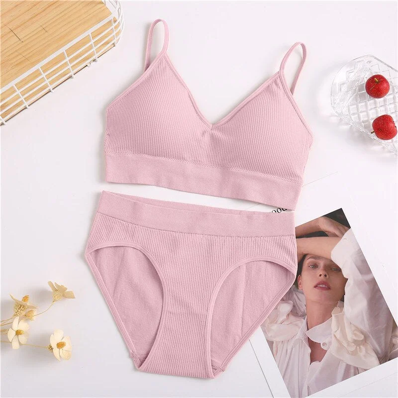 FINETOO Women Padded Bra Panties Set Soft Backless Tops Wireless Bras Set Seamless Underwear Women Lingerie Set Fitness Top S-XL