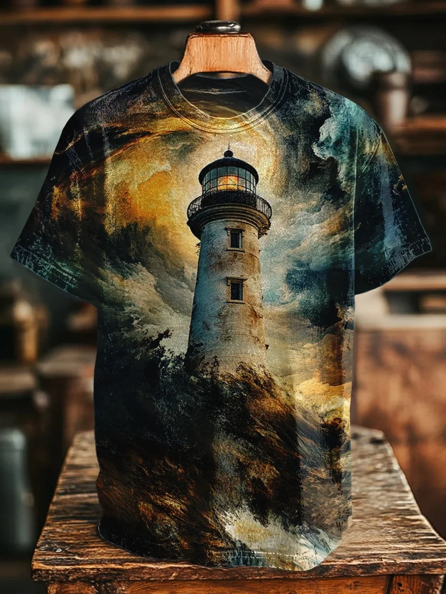 Eagerlys Unisex Retro Nautical Lighthouse Art Print T-shirt Eagerlys