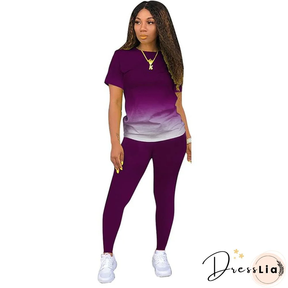 New Women's Fashion Gradient Short Sleeve Top and Pants Casual Sportswear Suit Two-piece Suit Plus Size