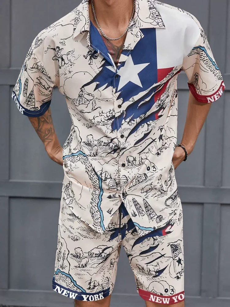 Men's Classic Casual Striped Digital Print Cuban Collar Shirt Shorts Two-Piece Set