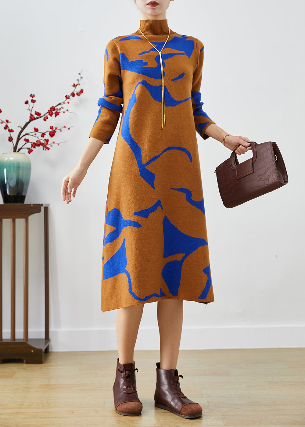 VCSHOES Camel High Neck Print Knit Dress Fall