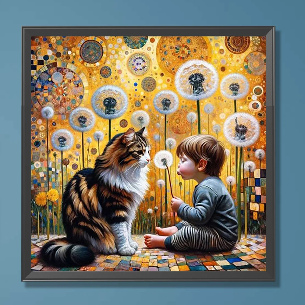 Full Round Diamond Painting 30*30cm - Cat, Dandelions And Children