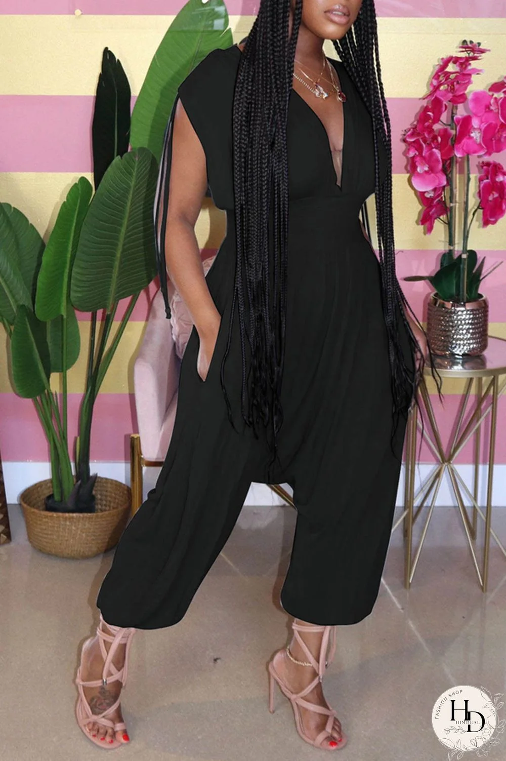 Black Sexy Patchwork Hollow Solid Chemical fiber blend Short Sleeve V Neck Jumpsuits