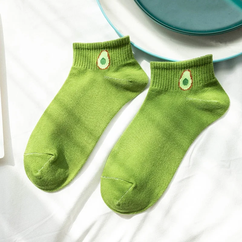 Women Solid Avocado Socks Casual Joker Cotton Short Socks Ladies Fruit Print Concise Korean College Style Breathable Sox Trendy