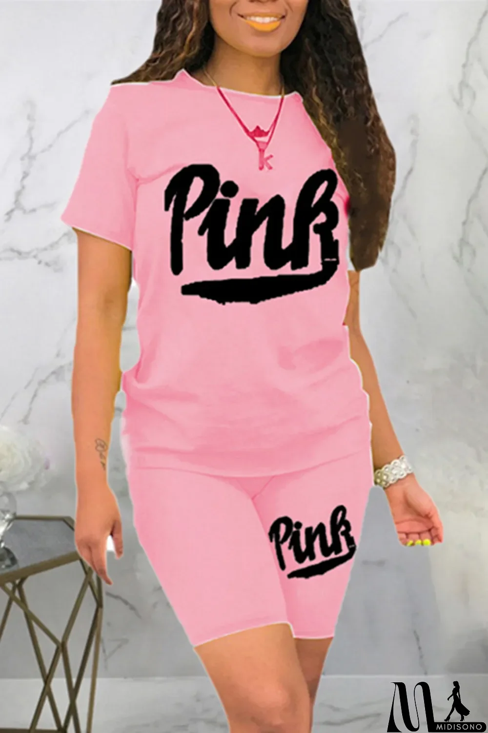 MidiSono - Black Fashion Casual Letter Print Basic O Neck Short Sleeve Two Pieces