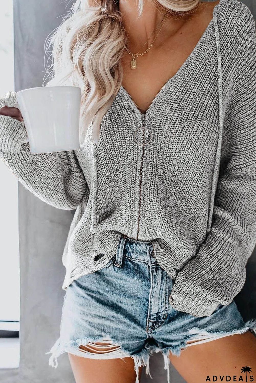 Zipper V-neck Dropped Sleeve Hooded Solid Sweater