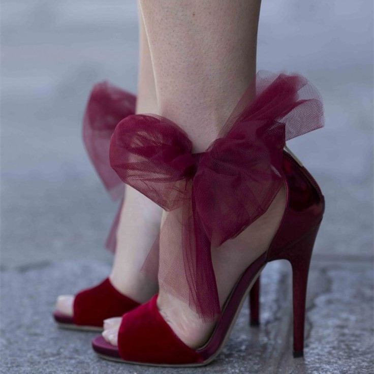 Burgundy Velvet Heels Ankle Bow Sandals for Prom |FSJ Shoes