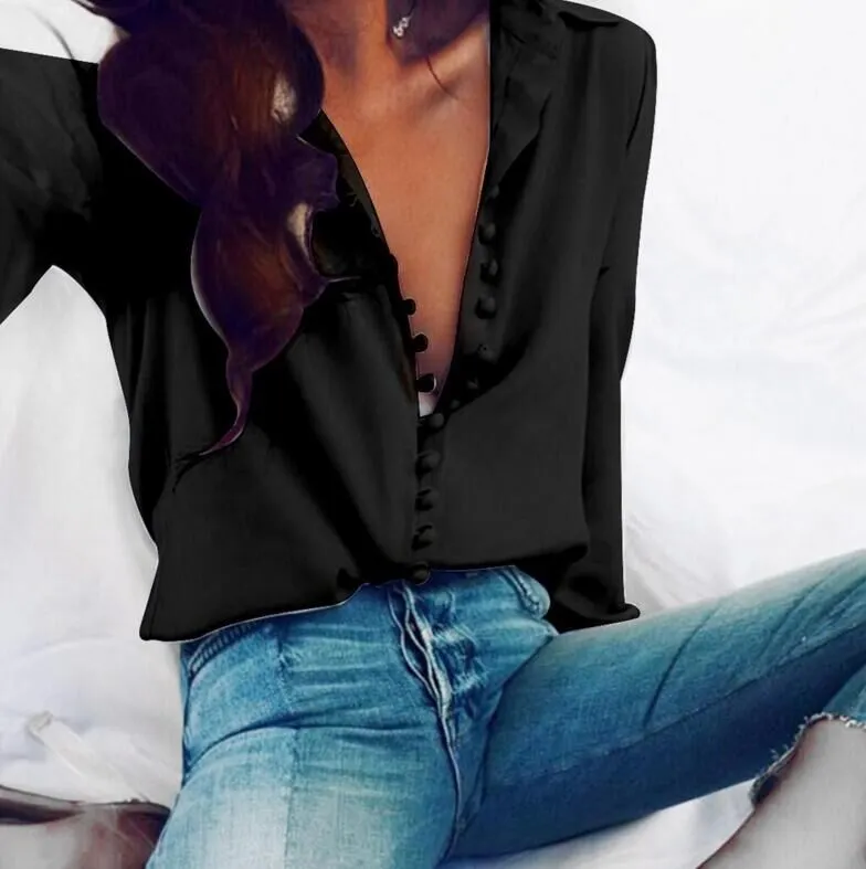 Churchf Churchf Hot Style New Irregular Solid Color V-Neck Sexy Breasted Long Sleeve Women's Shirt