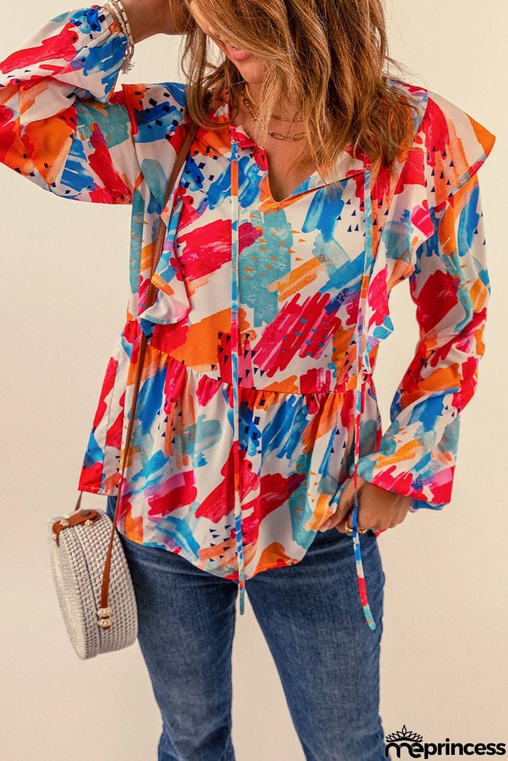 color Paint Print Ruffled Detail Loose Blouse