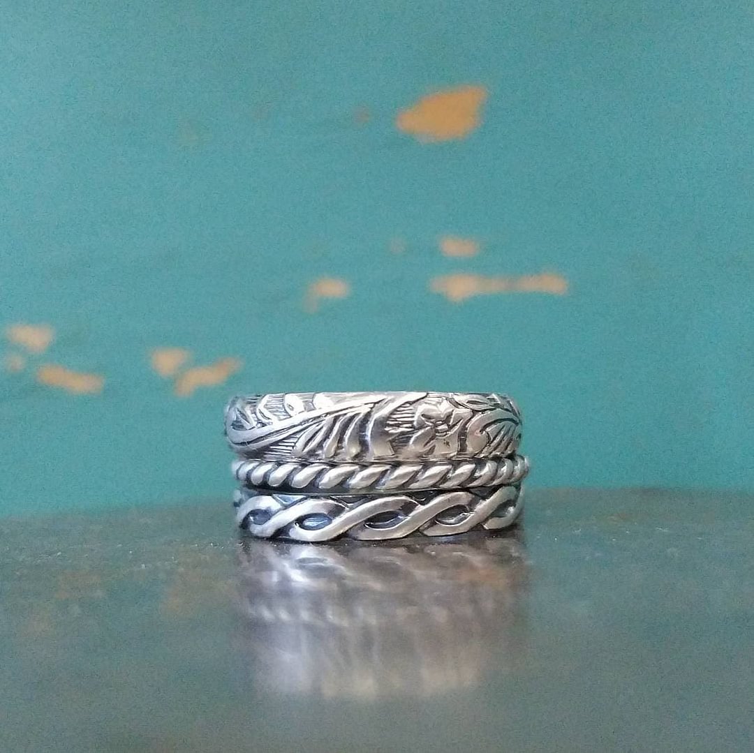 Set of 3 Sweet & Simple Stack Rings Handcrafted Rings Floral, Rope, Braid, Patterns Rings Gifts for Parents and Friends