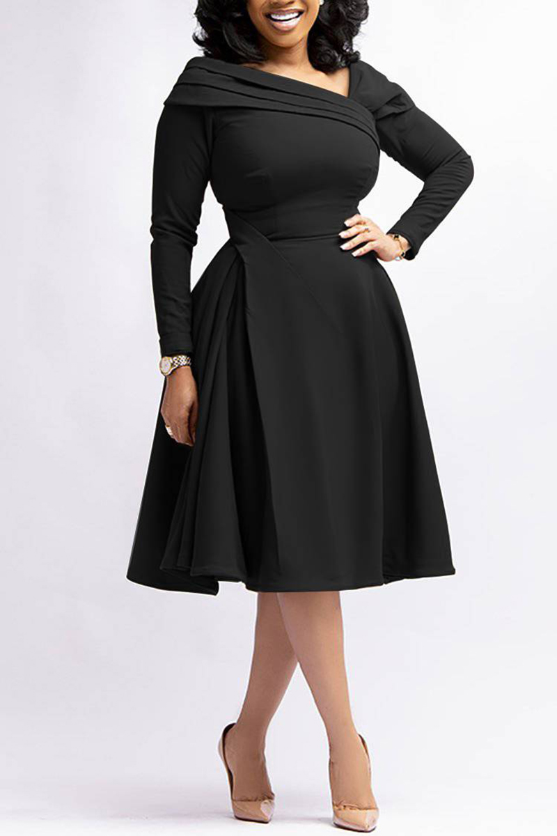 Plus Size Black Work A-Line Long Sleeve Midi Dress