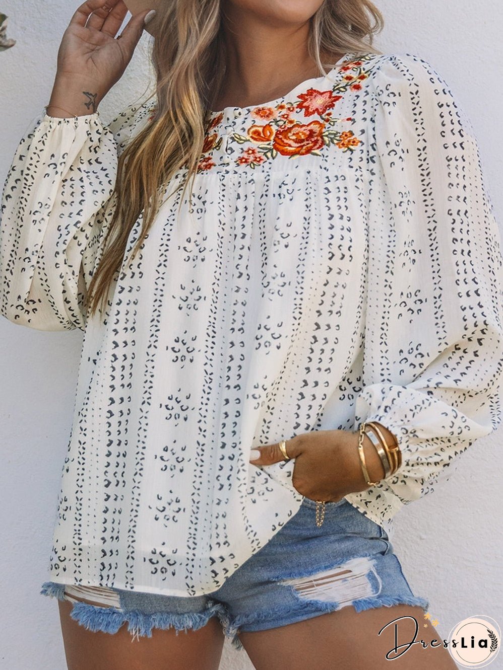 Beige Floral Embroidered Long Sleeve Bohemian Blouse