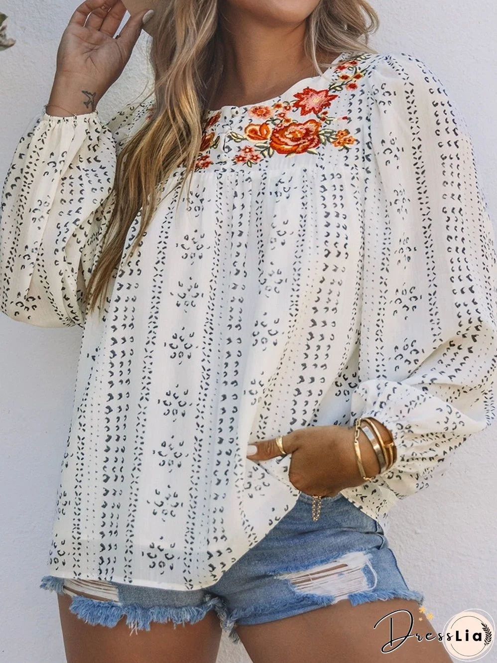 Beige Floral Embroidered Long Sleeve Bohemian Blouse