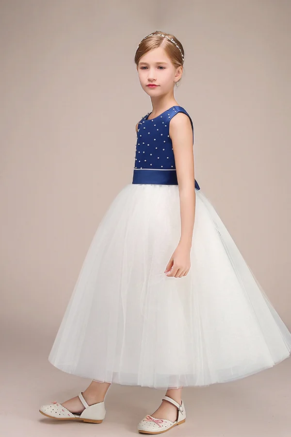 Hellodresses Jewel Sleeveless Tulle Flower Girl Dress with Beads Bowk not