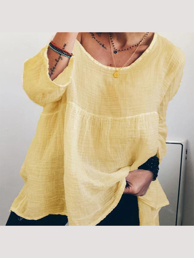 Women's Solid Color Round Neck Long Sleeve Casual Linen Top