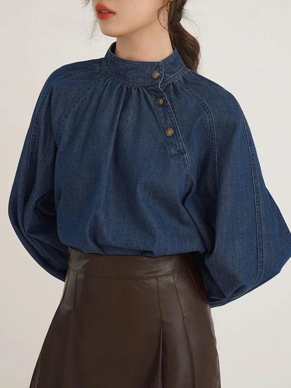 Asymmetric Pleated Split-Joint Loose Puff Sleeves High Neck Blouses&Shirts Tops