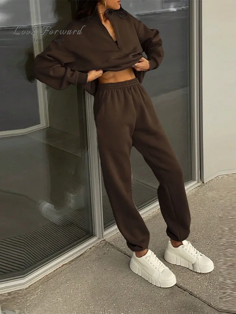 Women's Casual Loose Pullovers Zippers Elastic Waist Trousers Sweatshirt Tracksuit Sets