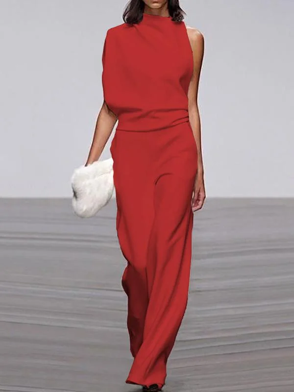 Solid color one-shoulder pile collar jumpsuit
