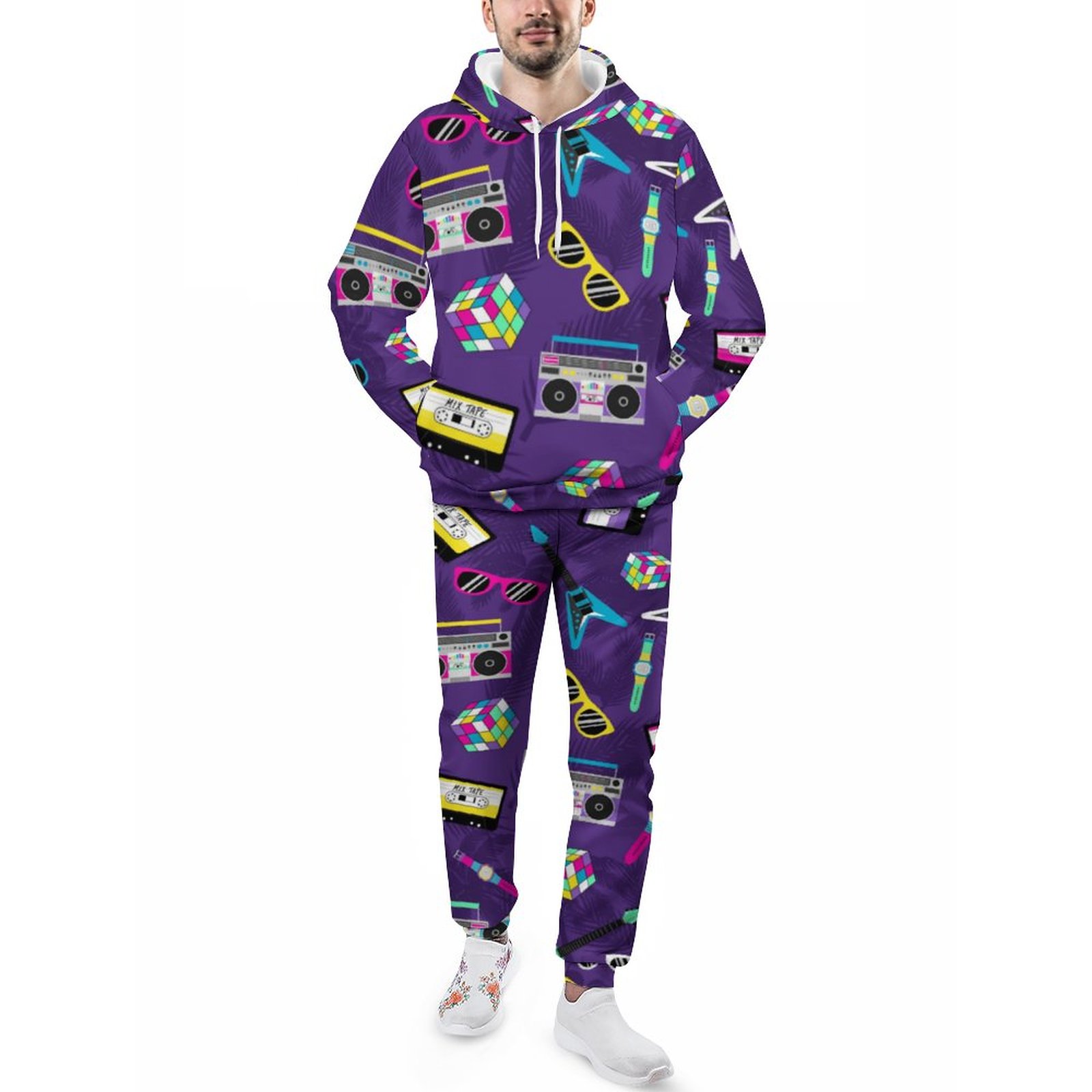 Trendy Style From 80S Purple Men's Tracksuit 2 Piece Hoodie Sweatsuit Sets Guys Loose Fall And Winter Jogging Athletic Suits