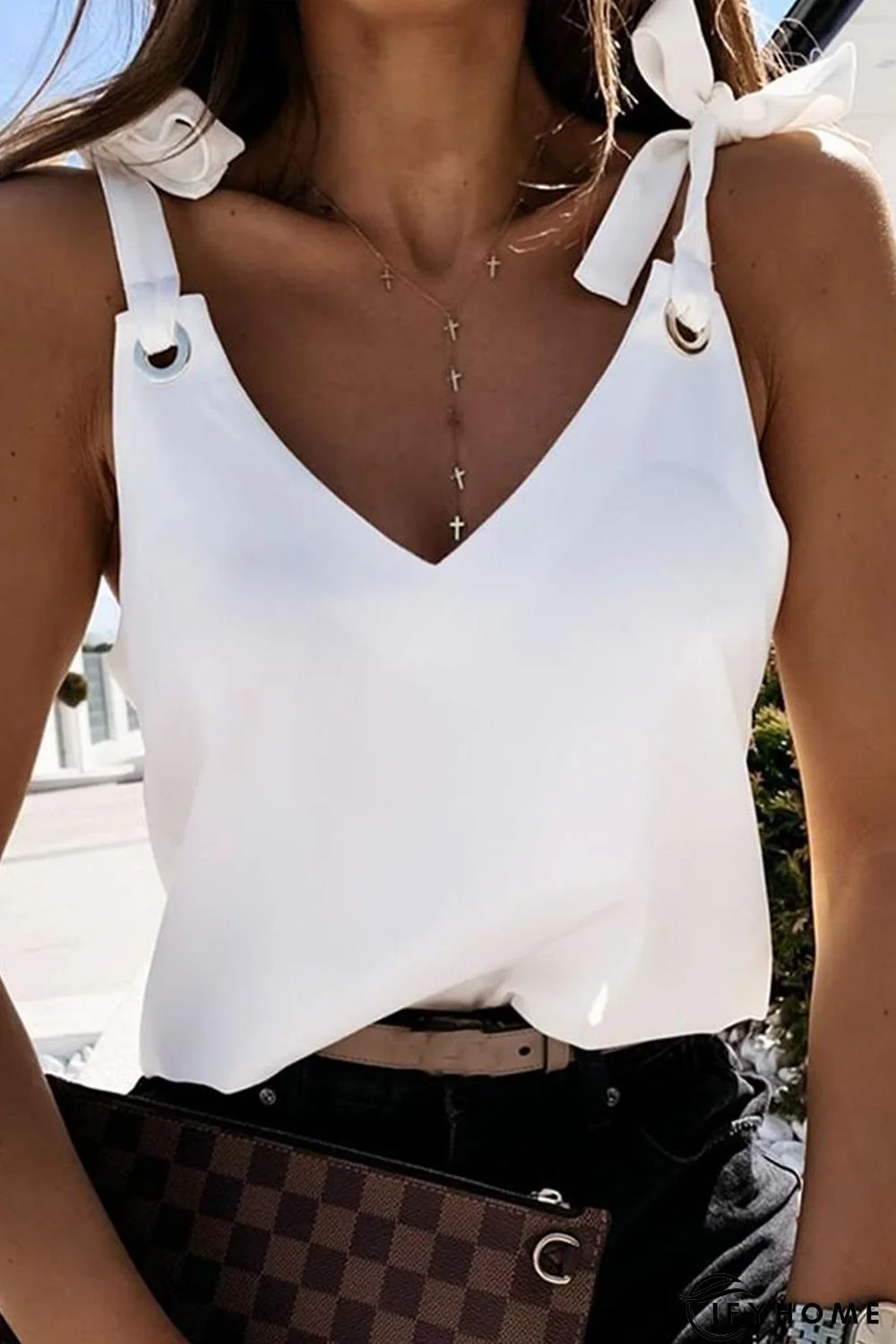 White Solid Knotted Straps Deep V Neck Tank Top | IFYHOME
