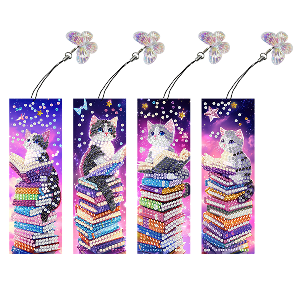 4Pcs Cats and Books Special Shape Diamond Painting Bookmark with Pendant