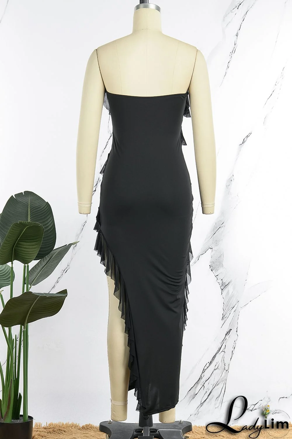 Pink Sexy Solid Patchwork Flounce Slit Asymmetrical Strapless Long Dress Dresses