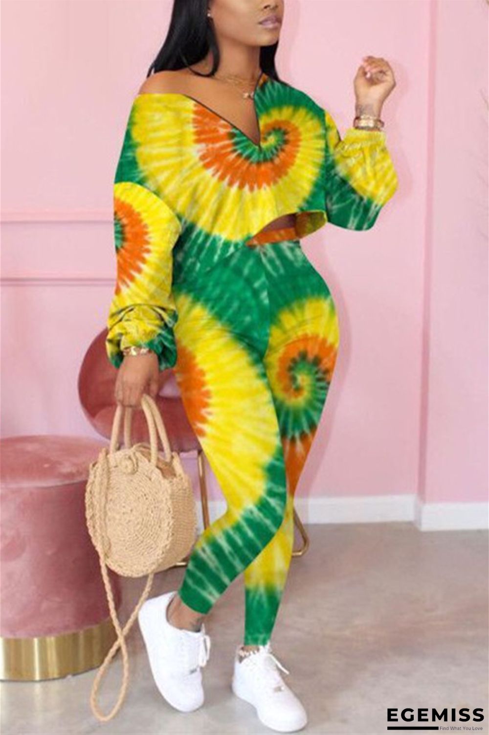 Yellow Fashion adult Ma'am OL Print Two Piece Suits pencil Long Sleeve Two Pieces | EGEMISS