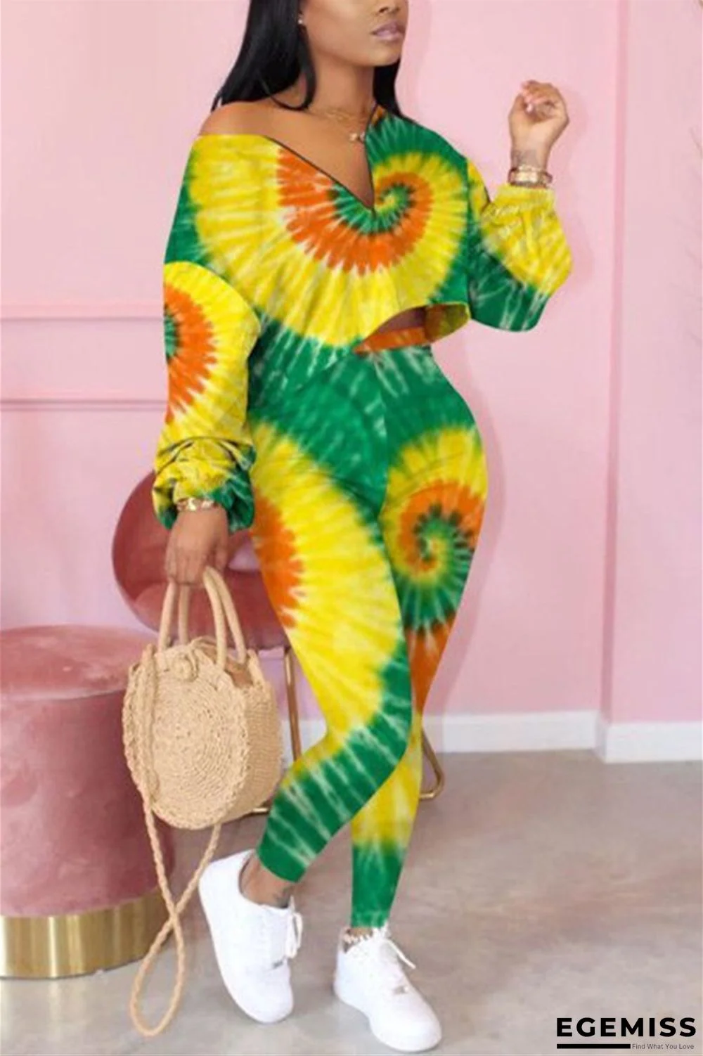Yellow Fashion adult Ma'am OL Print Two Piece Suits pencil Long Sleeve Two Pieces | EGEMISS