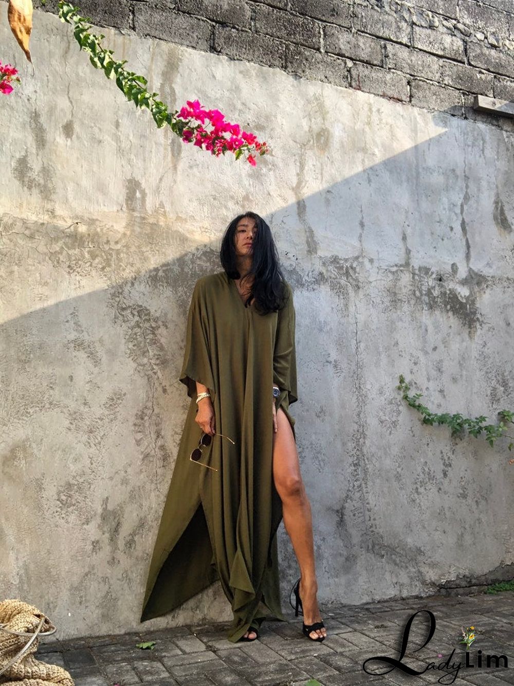 V Neck Solid Color Beach Cover Up