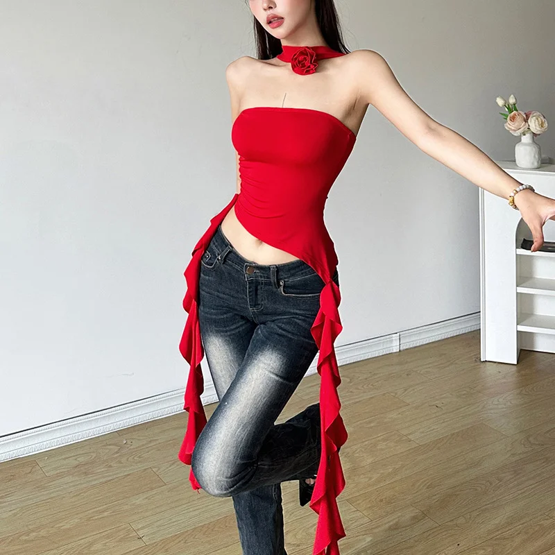 Uveng 2024 Summer New Women's Fashion Pure Color Fashion Sexy Hanging Neck Umbilly Tied With Chest Small Vest