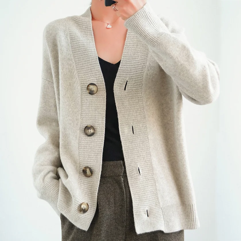 Vintage Loose Solid Color V Neck Buttoned Sweater Cardigan