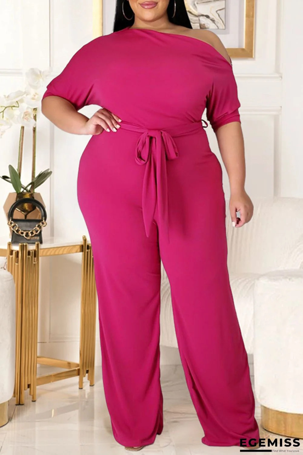 Rose Red Fashion Casual Solid Backless With Belt Oblique Collar Plus Size Jumpsuits | EGEMISS