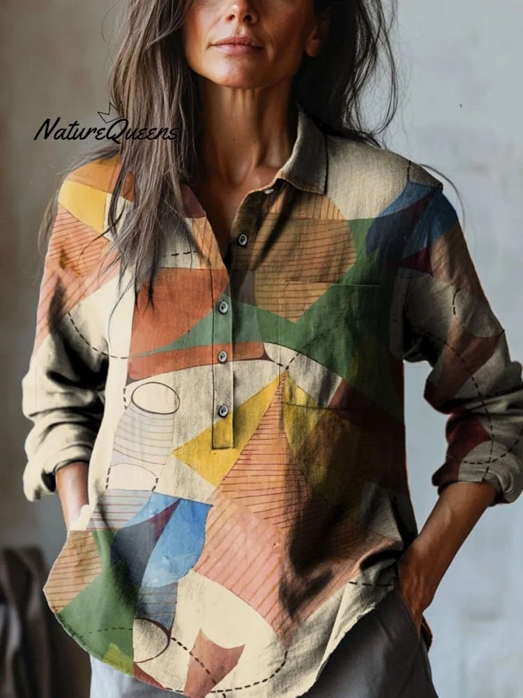Women's Retro Abstract Color Blocks Print Casual Cotton And Linen Shirt