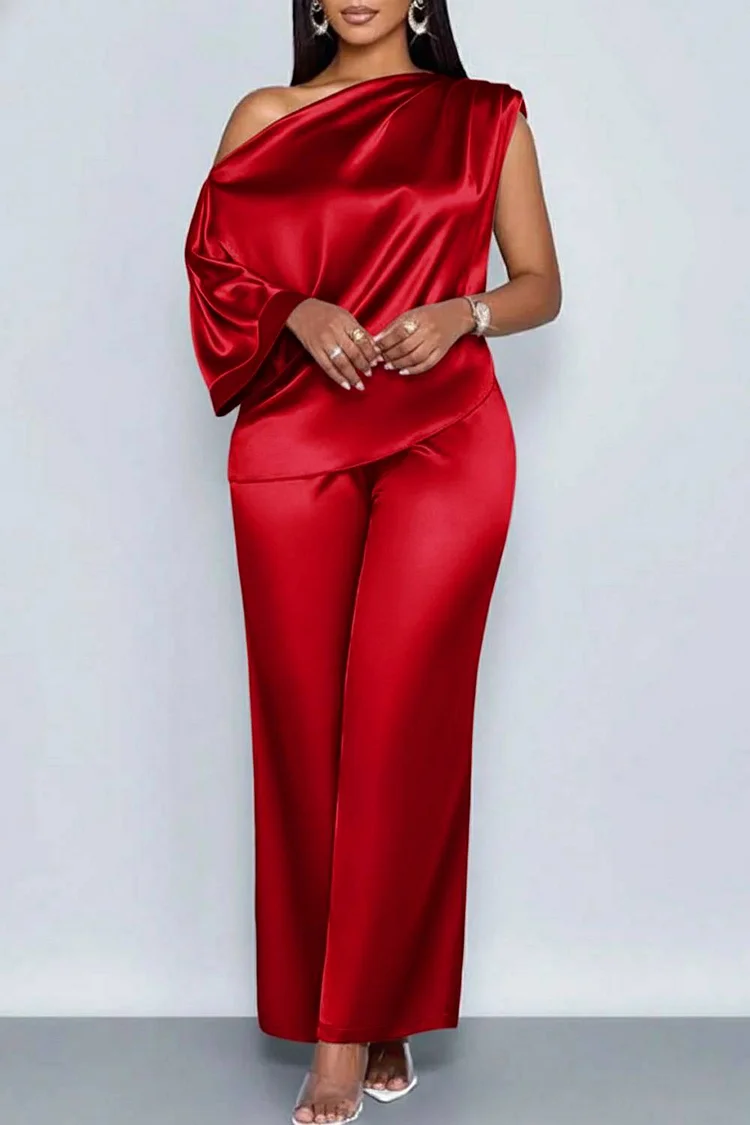 Plus Size Business Casual Pink Elegant Oblique Collar Short Sleeve Pocket Satin Two Piece Pant Sets 2024 - Xpluswear