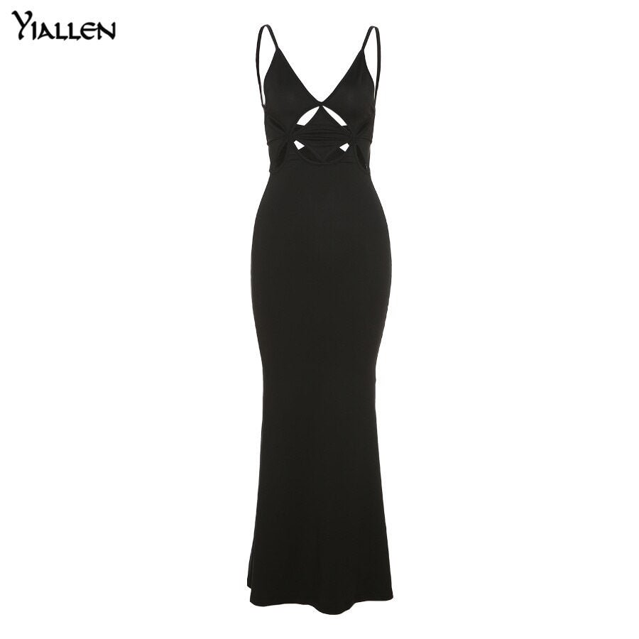 Yiallen Solid Maxi Dress 2021 New Women Irregular Shape Hollow Out Camisole Skirt Hipster Sleeveless V-Neck Female Partywear