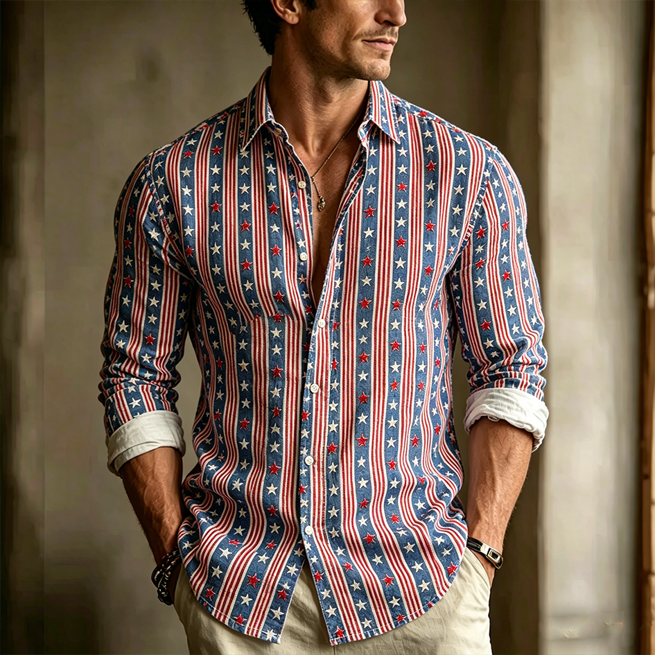  American Flag Element Patch Design Men's Casual Linen Shirt Westsshops