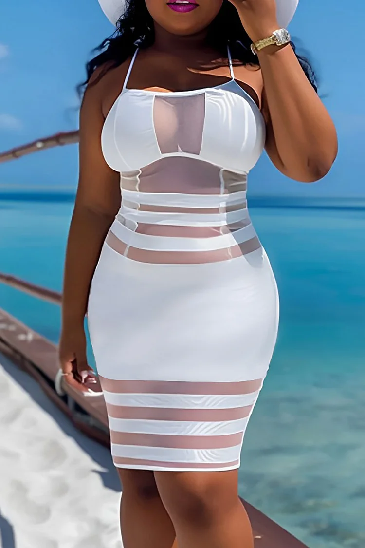 Xpluswear Design Plus Size Sundress Beach White Bodycon Fishnet Horizontal Stripes Midi Dresses [Pre-Order]