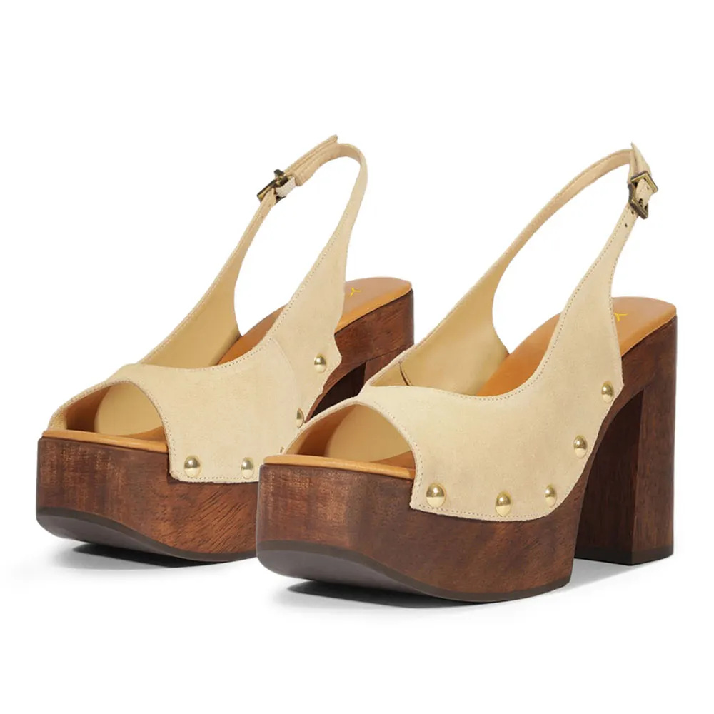 Beige Open-Toe Studded Slingback Platform High Heels Sandals