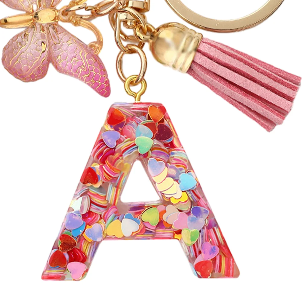 Resin Initial Letter Keychains Alphabet Letter Keychain Pink Tassel Butterfly Key Ring