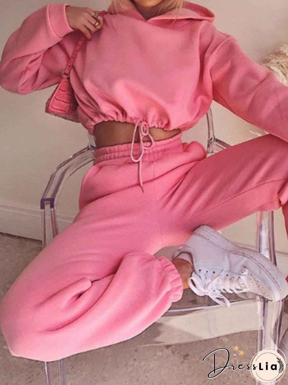 Plain Short Long Sleeve Hoodie 2-Piece Set