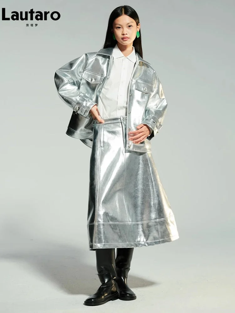 Huiketi Spring Autumn Cool Silver Shiny Patent Faux Leather Jacket Women with Raglan Long Sleeve Luxury Designer Y2K Clothing