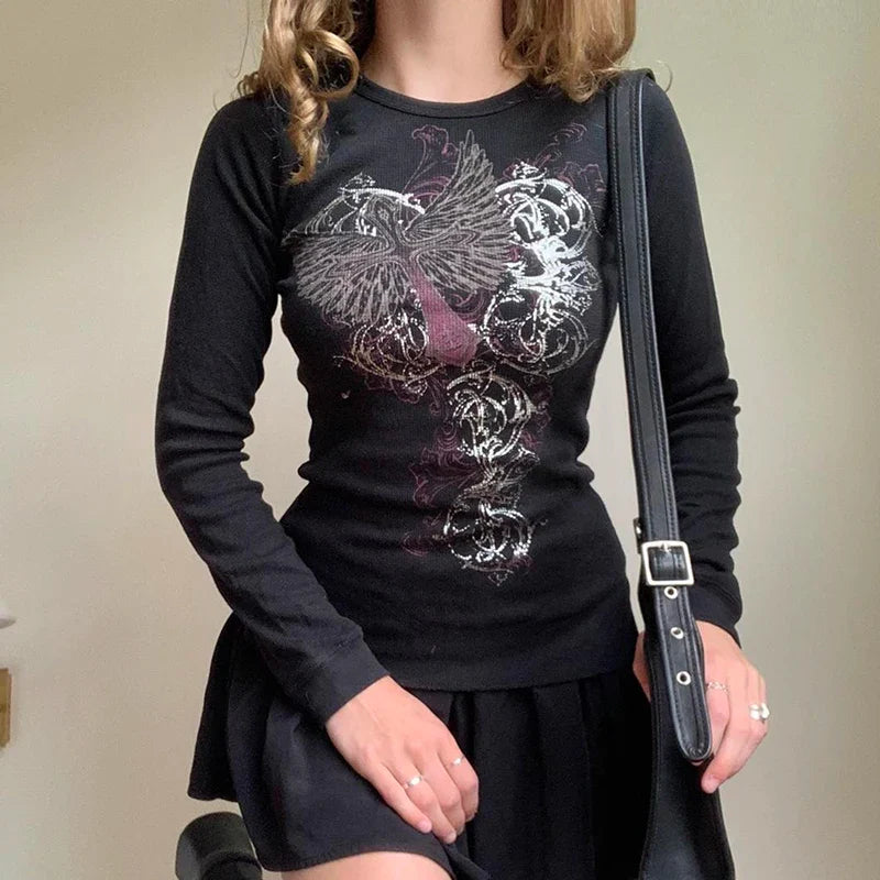 OLCooL Y2K Fairy Grunge Retro Tees Graphics Print Dark Academia T Shirt 00s Vintage Mall Goth Pullovers Top Chic Women Slim Fit Clothes olcool