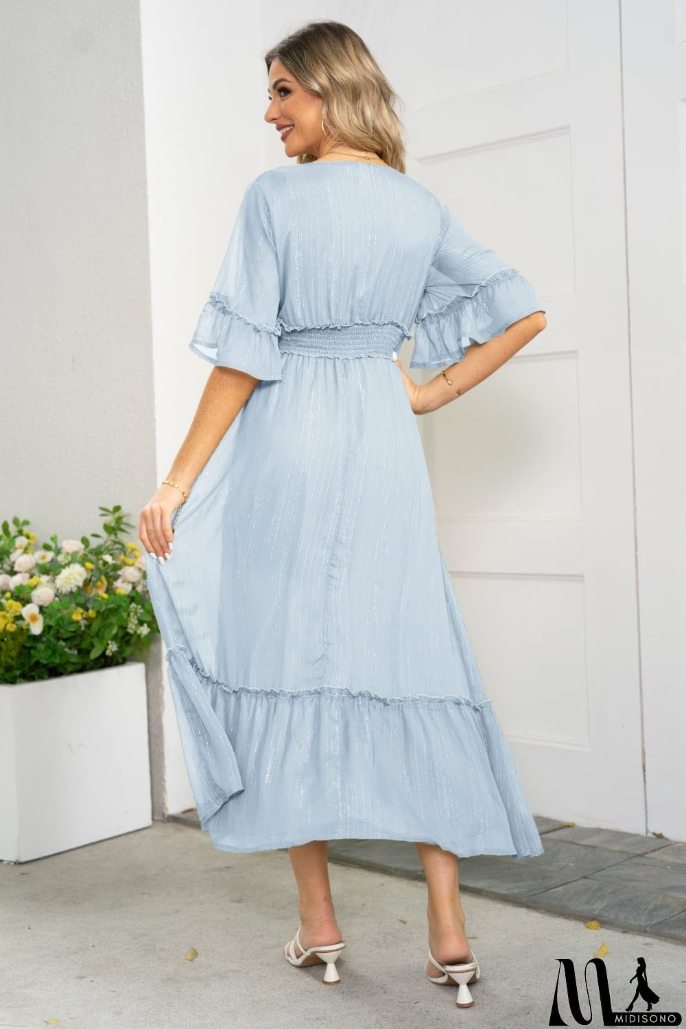 MidiSono - V-Neck Flounce Sleeve Smocked Waist High Slit Dress