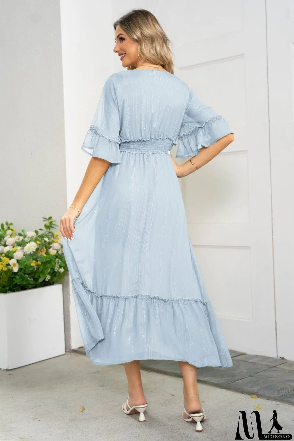 MidiSono - V-Neck Flounce Sleeve Smocked Waist High Slit Dress