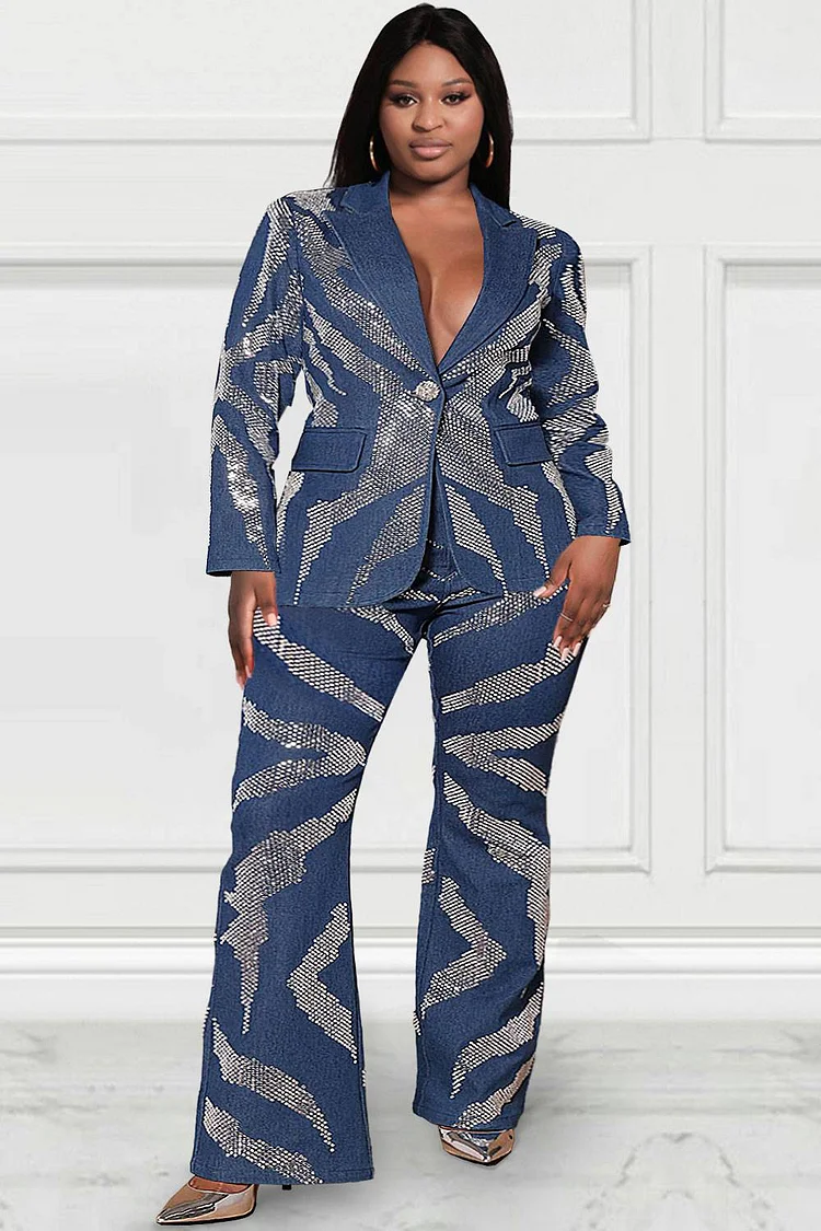 Plus Size Party Pant Set Deep Blue Denim Sequin Blazer Suit Two Piece Pant Set [Pre-Order]