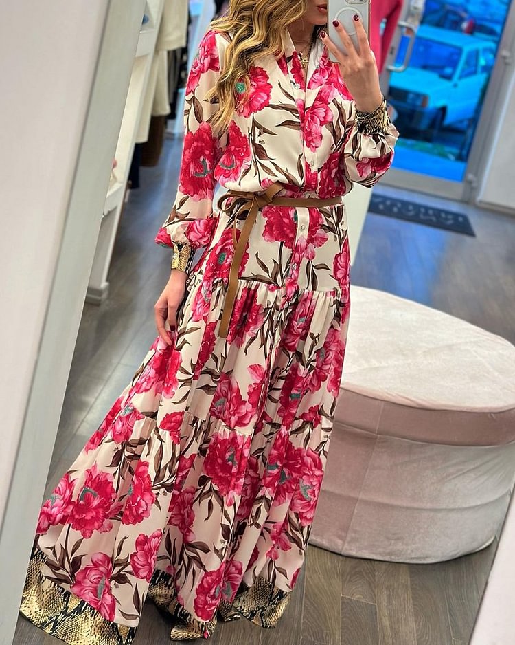 lapel print waist dress