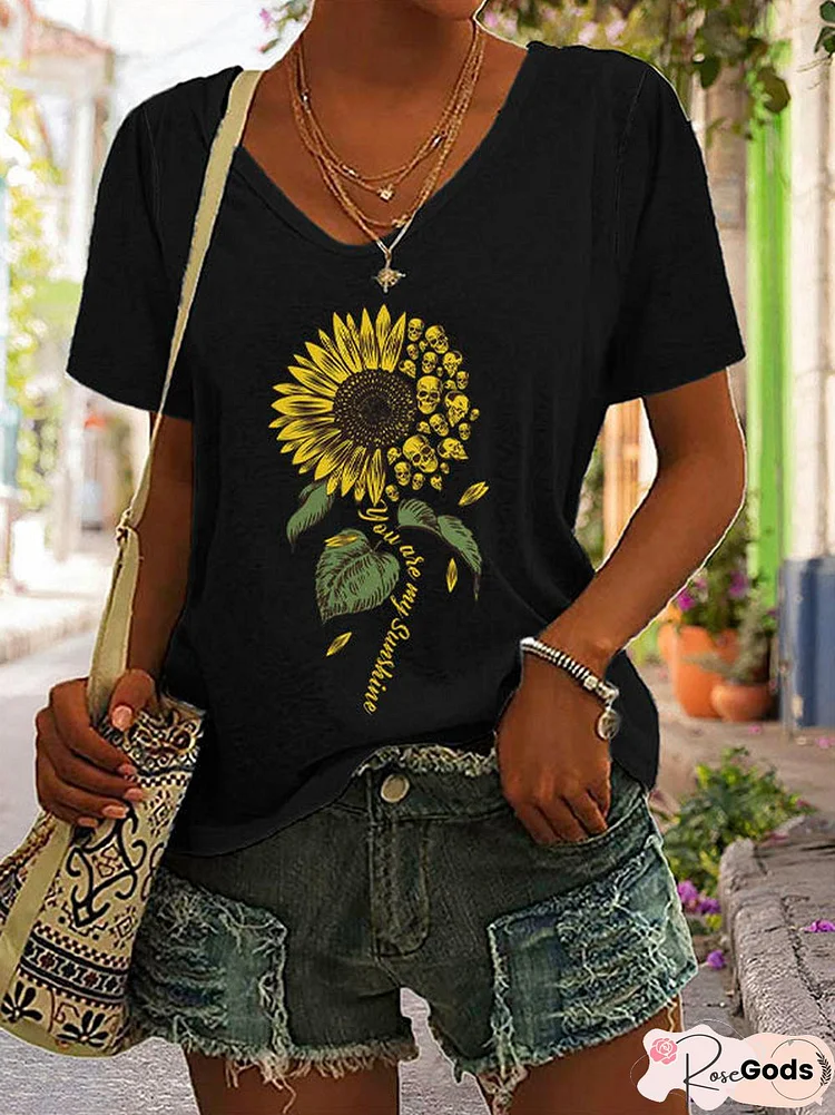 You Are My Sunshine Sunflower Skull V-Neck Short Sleeve T-Shirt