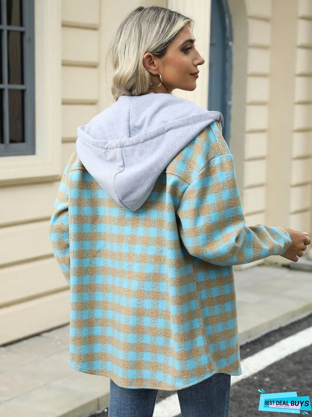 Drawstring Plaid Long Sleeve Hooded Jacket