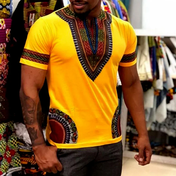 BrosWear V Neck Ankara Printing Short Sleeve T-Shirt